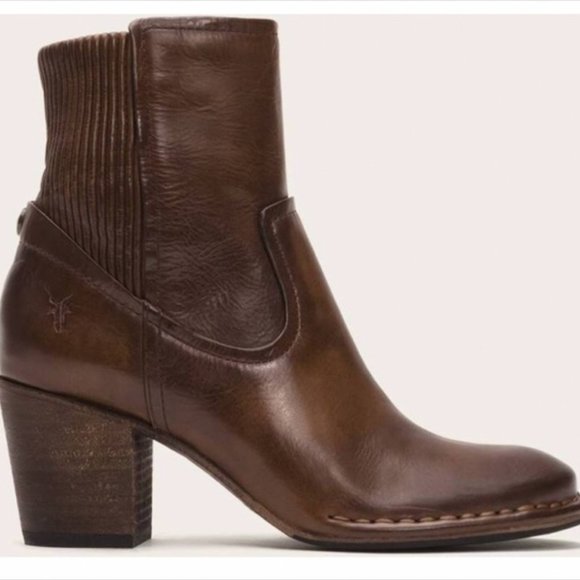 Frye Lucinda Scrunch Real Cognac Brown Leather Stretchy Heeled Short Ankle Boot - Picture 2 of 13